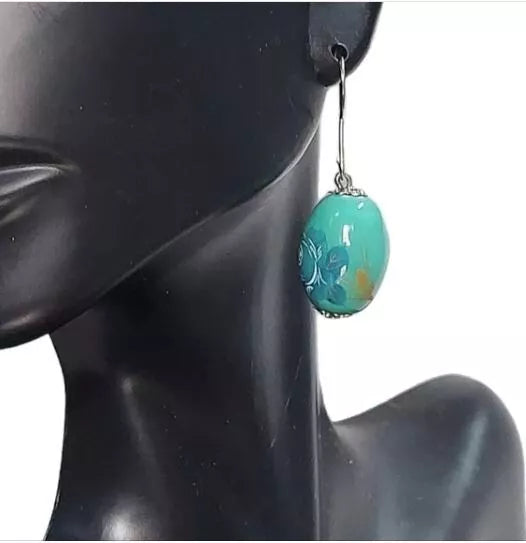 New E296 Hand-Painted Robin's Egg Beaded Drop Earrings. Women's Fashion.