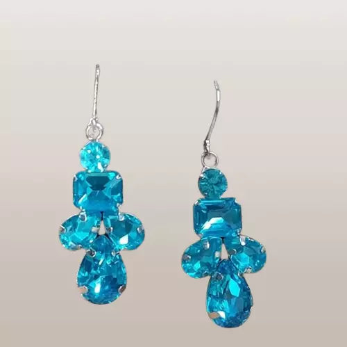 New E897 2" Blue Geo Shaped Crystal Drop Earrings. Women's Fashion Accessories.