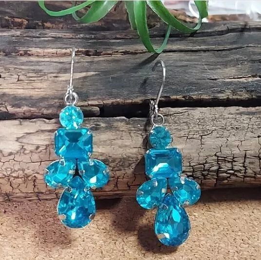 New E897 2" Blue Geo Shaped Crystal Drop Earrings. Women's Fashion Accessories.