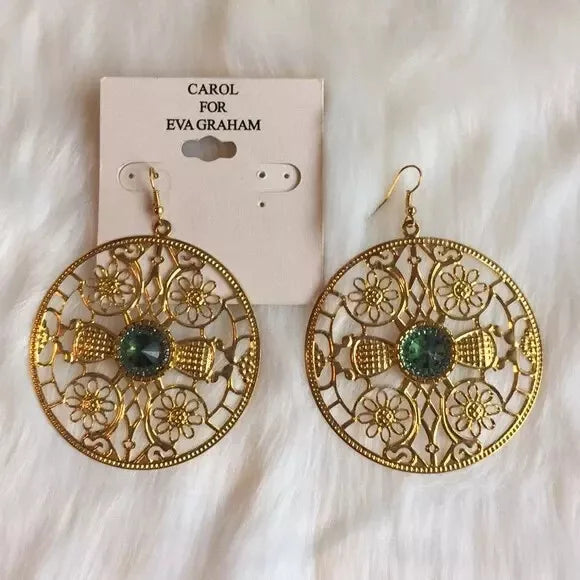 NWT Brand New Big Round Chunky Rose 🌹 Gold Plated Round Earrings. With Blue-Green Gemstone 💎