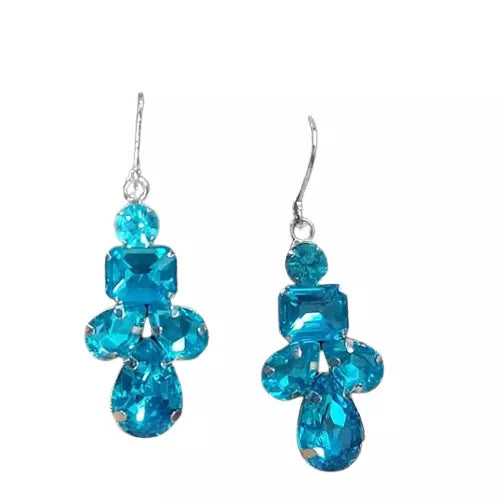 New E897 2" Blue Geo Shaped Crystal Drop Earrings. Women's Fashion Accessories.