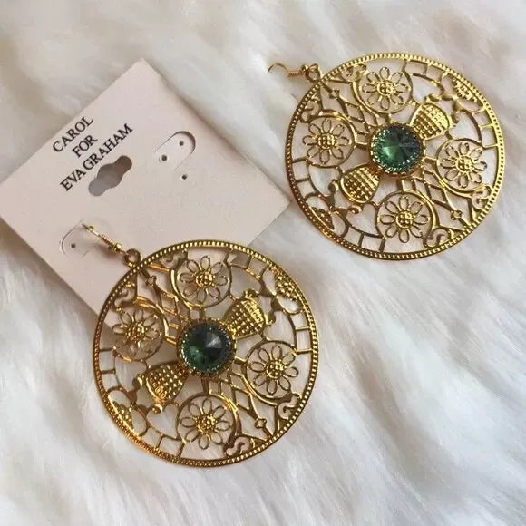 NWT Brand New Big Round Chunky Rose 🌹 Gold Plated Round Earrings. With Blue-Green Gemstone 💎