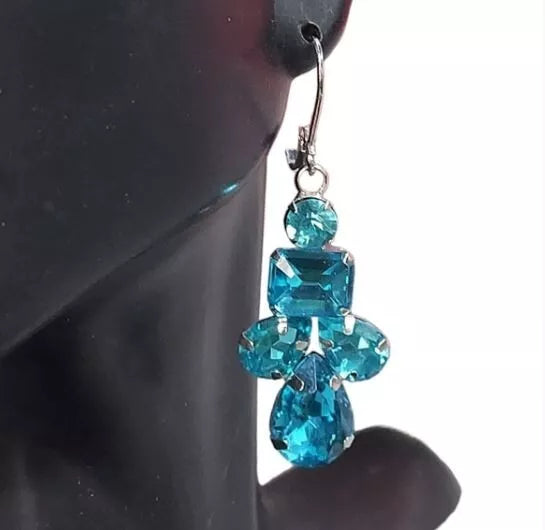 New E897 2" Blue Geo Shaped Crystal Drop Earrings. Women's Fashion Accessories.