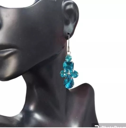 New E897 2" Blue Geo Shaped Crystal Drop Earrings. Women's Fashion Accessories.