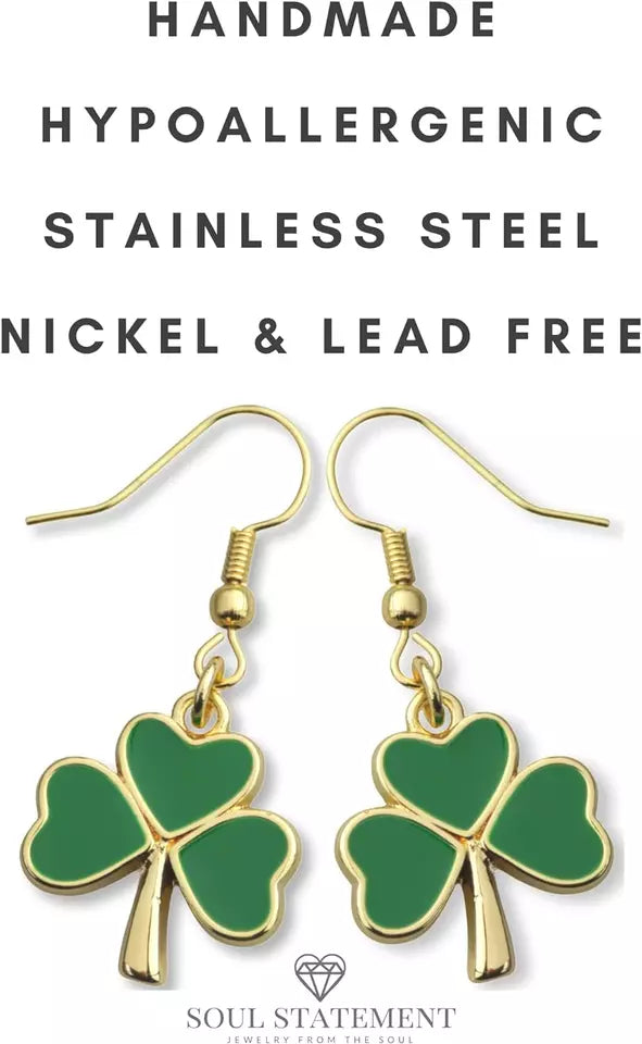 Shamrock Green Dangle Earrings: 4-Leaf Clover Dangling Earrings for Women