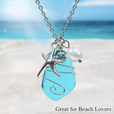 NWT Sea Glass Necklace, Wire Wrapped Beach Necklaces with Starfish Pendant