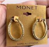 New Monet Hypo-Allergenic Oval Hoop Gold Tone Earrings. Women's Fashion.