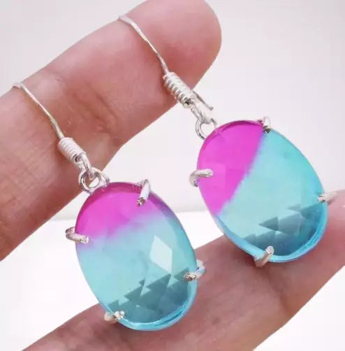 Bi Color Tourmaline Art Piece 925 Silver Plated Handmade Earrings of 1.5"