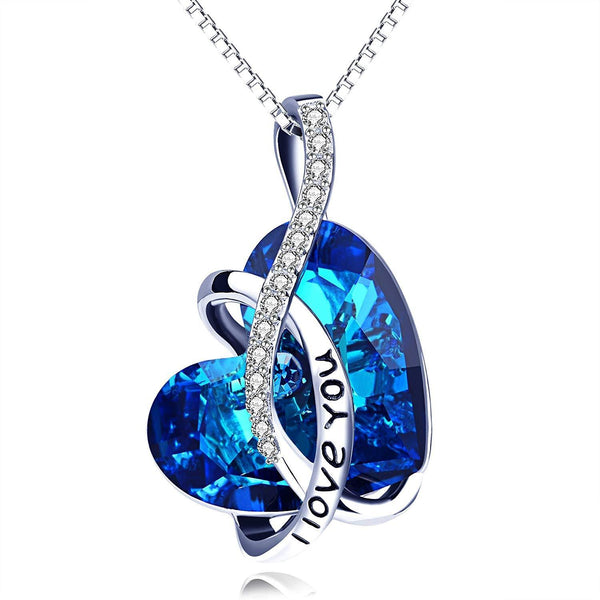 " I LOVE YOU " Blue Austrian Crystal Heart Necklace in 18K White Gold Plated ITALY Made