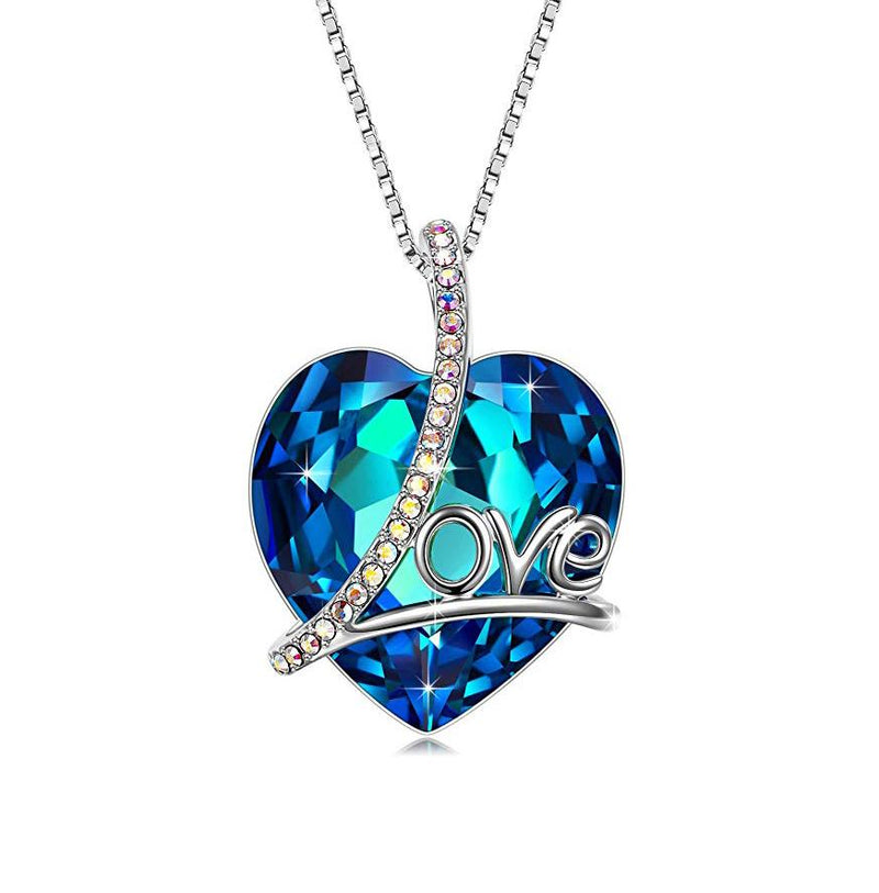 Classic Blue Love Heart Necklace in 14K White Gold Plating