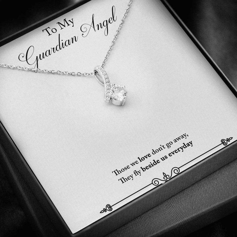 CARD#61- To My Guardian Angel " 18K White Gold Plated Ribbon Love Necklace made with Crystals