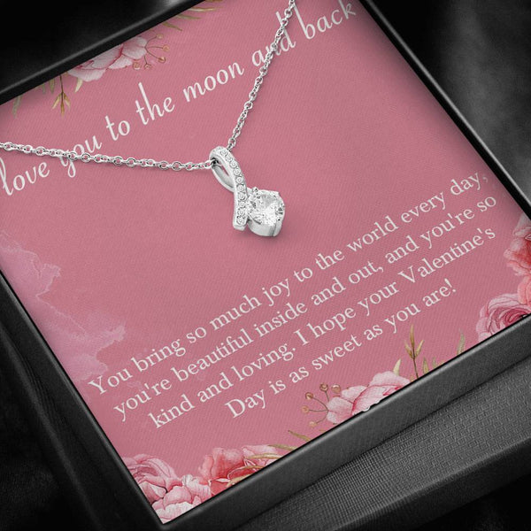 CARD#6-" I Love You To The Moon and Back " 18K White Gold Plated Ribbon Love Necklace made with Crystals