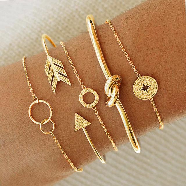 14K Gold Plating Twisted Knot Bangle Set 5 Pieces Bracelet Set