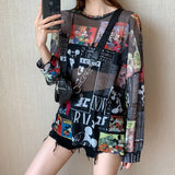 Anime Large / XL  Mesh Shirt Women Lightweight Sheer Transparent Long Sleeve Blouse Ladies T-shirt