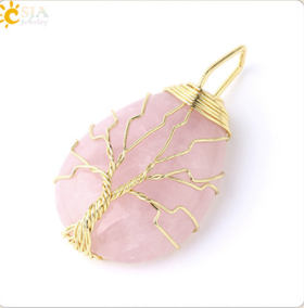 3pcs CSJA Gold Color Tree of Life Wire Wrap Water Drop Pendant Reiki Natural Gem Stone