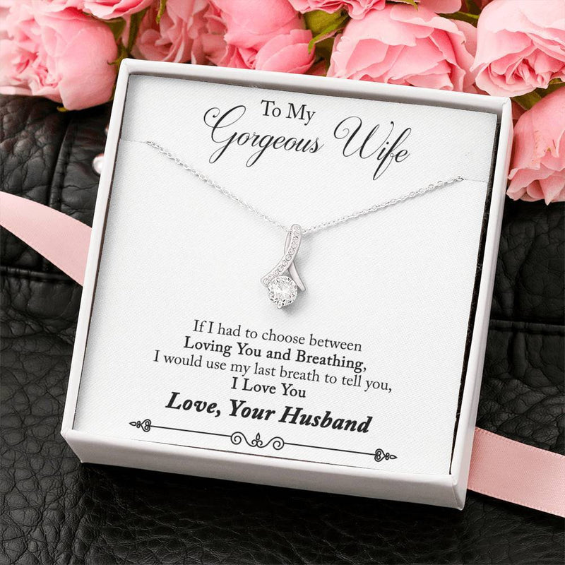 CARD#01- " To My Gorgeous Wife from Husband " 18K White Gold Plated Ribbon Love Necklace made with Crystals