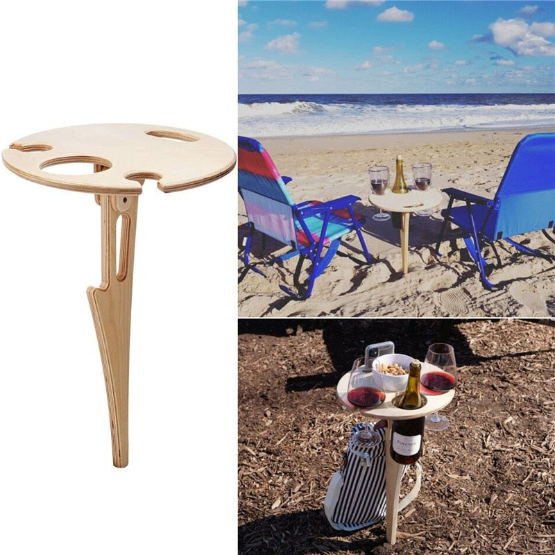 Mini Wooden Picnic Wine Table with Foldable Round Desktop