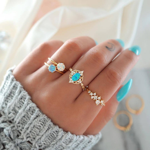 4-Piece Opal & White Crystal Ring Set