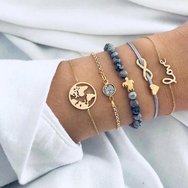 14K Gold Plating " Save Our Ocean with Love & Peace " Bracelet Set