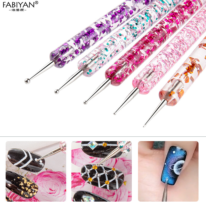 5Pcs Set UV Gel Painting Nail Art Dotting Pen Acrylic Handle Rhinestone Crystal 2 Way Brush Salon Decoration Manicure Tools Kit