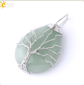 3pcs CSJA Gold Color Tree of Life Wire Wrap Water Drop Pendant Reiki Natural Gem Stone