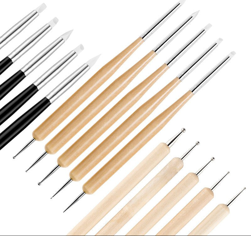 5Pcs Set UV Gel Painting Nail Art Dotting Pen Acrylic Handle Rhinestone Crystal 2 Way Brush Salon Decoration Manicure Tools Kit