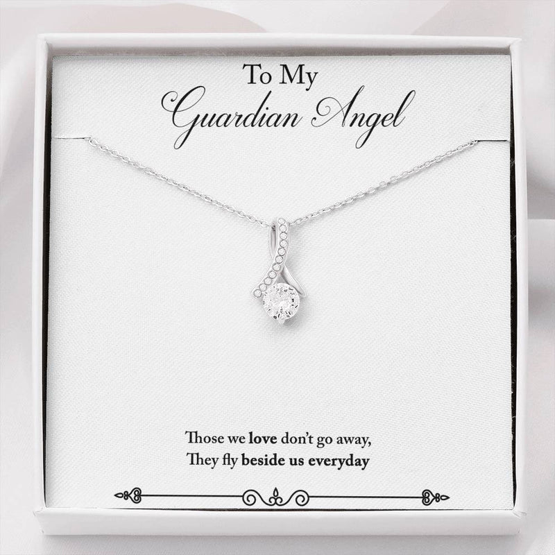 CARD#61- To My Guardian Angel " 18K White Gold Plated Ribbon Love Necklace made with Crystals