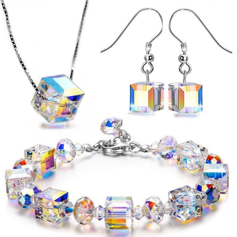 Aurora Borealis Magnificent Cube With Austrian Crystals - 3 Piece Set with Luxe Box ITALY Made