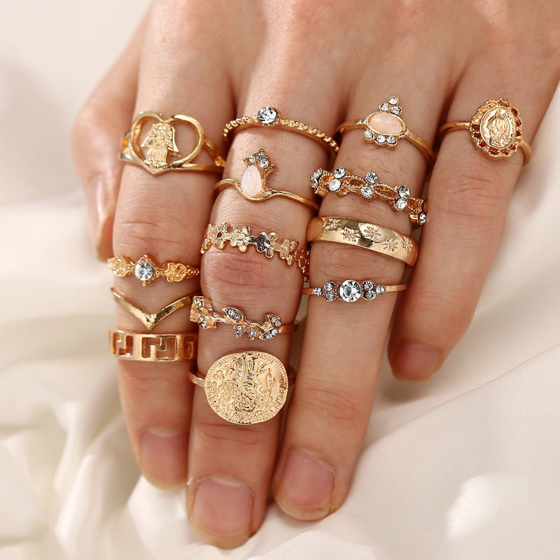 15 Piece Assorted Ring Set With Austrian Crystals 18K Gold Plated Ring