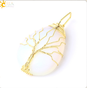 3pcs CSJA Gold Color Tree of Life Wire Wrap Water Drop Pendant Reiki Natural Gem Stone