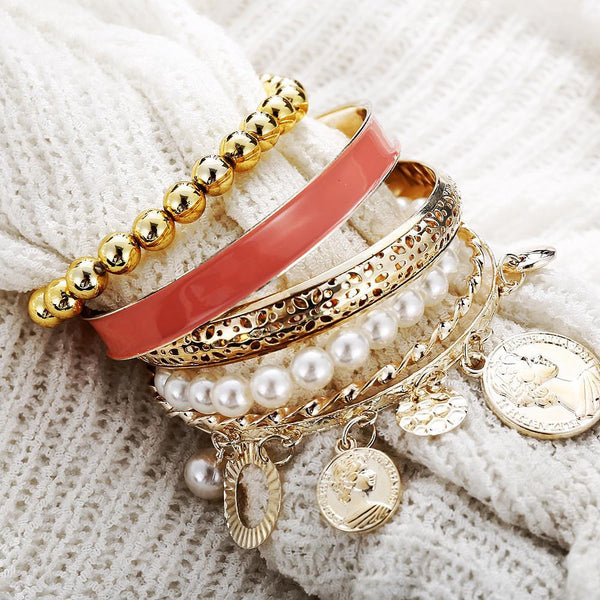 4 Piece Coral Bracelet Set 18K Gold Plated Bracelet