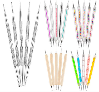 5Pcs Set UV Gel Painting Nail Art Dotting Pen Acrylic Handle Rhinestone Crystal 2 Way Brush Salon Decoration Manicure Tools Kit