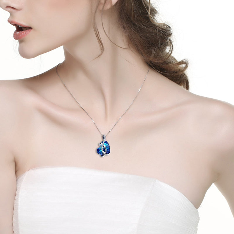 " I LOVE YOU " Blue Austrian Crystal Heart Necklace in 18K White Gold Plated ITALY Made