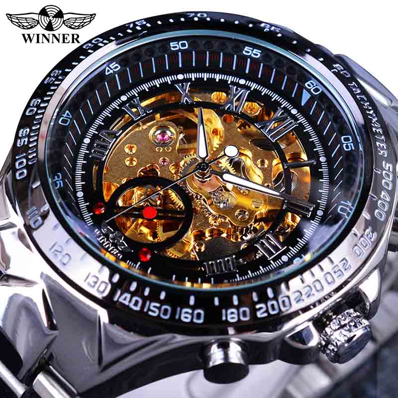 Self-Winding Mechanical Sport Design Golden Men's Stainless Steel Watch