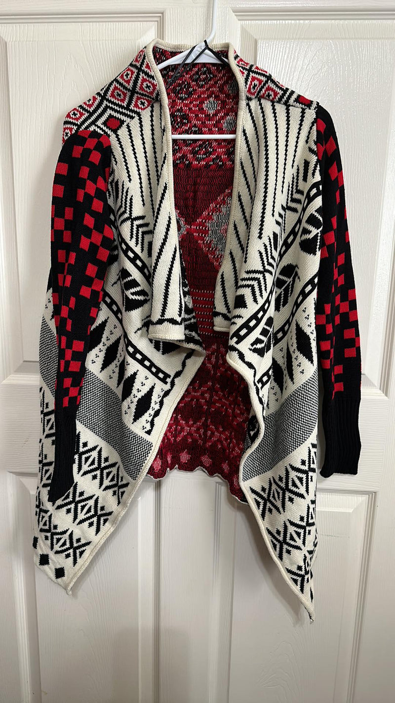 50% OFF Red White Printed Longsleeve Cardigan Sweater Size Medium Women's Ladies Fashion Winter Fall