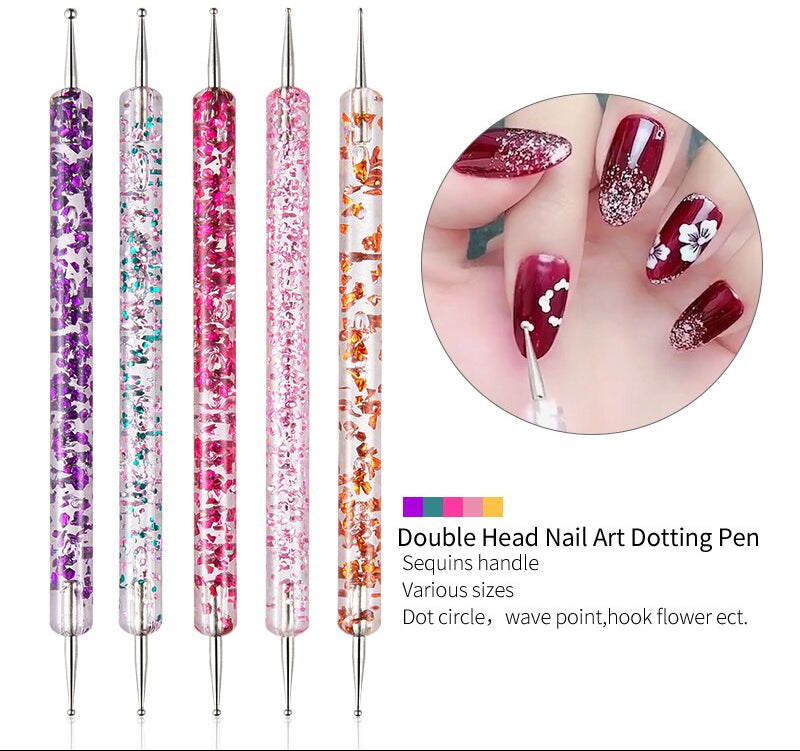 5Pcs Set UV Gel Painting Nail Art Dotting Pen Acrylic Handle Rhinestone Crystal 2 Way Brush Salon Decoration Manicure Tools Kit
