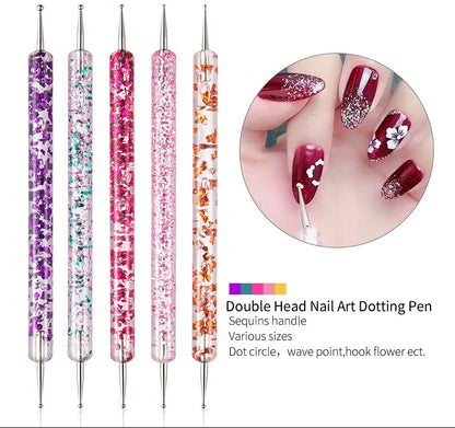 5Pcs Set UV Gel Painting Nail Art Dotting Pen Acrylic Handle Rhinestone Crystal 2 Way Brush Salon Decoration Manicure Tools Kit