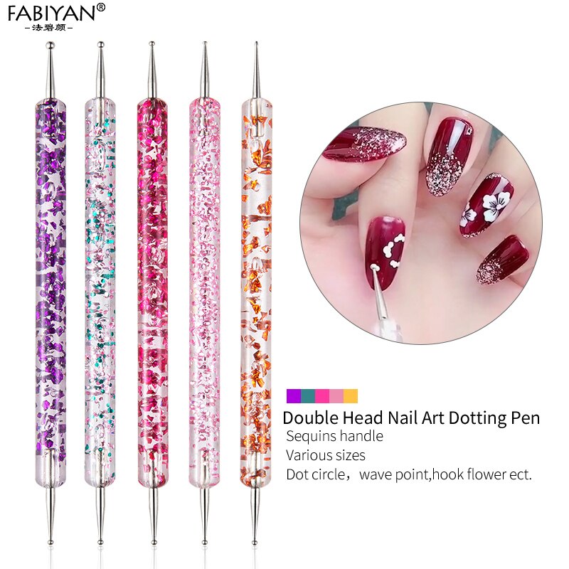 5Pcs Set UV Gel Painting Nail Art Dotting Pen Acrylic Handle Rhinestone Crystal 2 Way Brush Salon Decoration Manicure Tools Kit