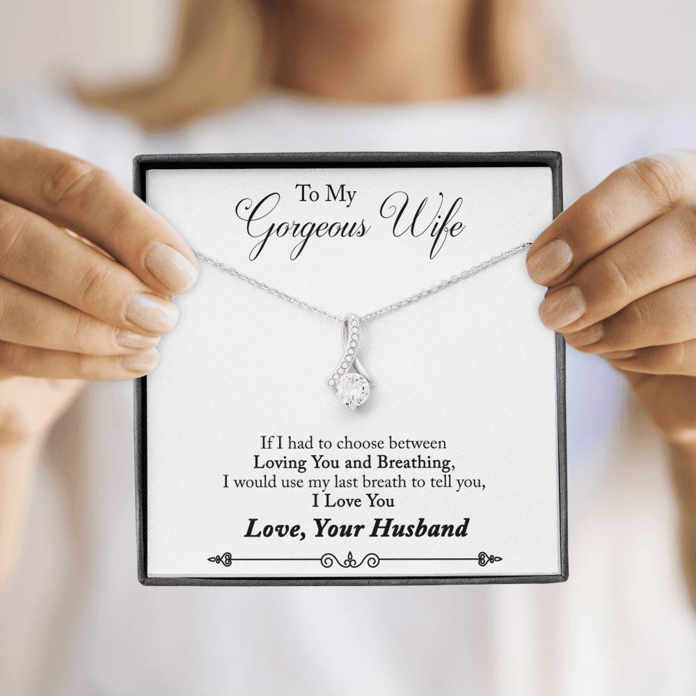 CARD#01- " To My Gorgeous Wife from Husband " 18K White Gold Plated Ribbon Love Necklace made with Crystals