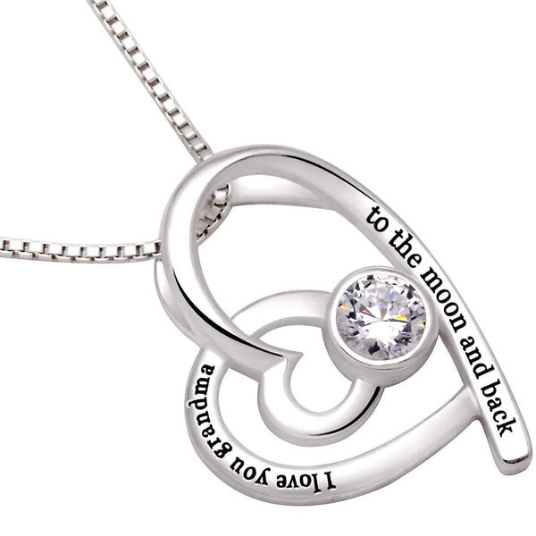 "I Love you Grandma to the moon and back" Heart Necklace Embellished with Crystals in 18K White Gold Plated ITALY Made