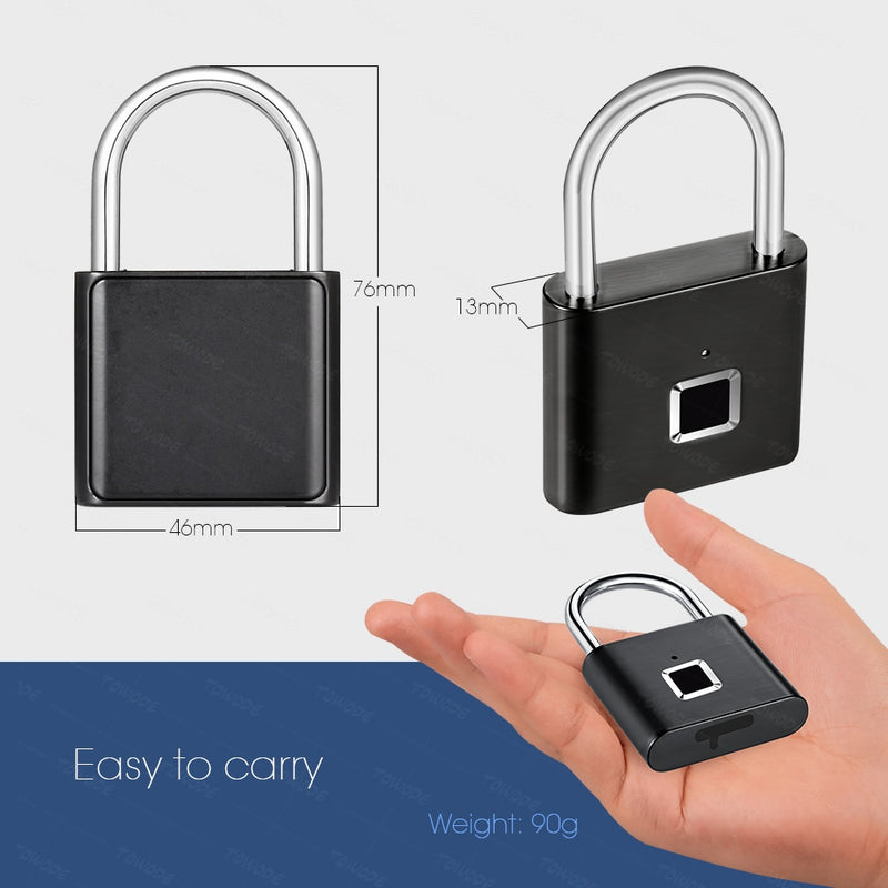 Towode Keyless USB Rechargeable Door Lock Fingerprint Smart Padlock Quick Unlock Zinc alloy Metal Self Developing Chip