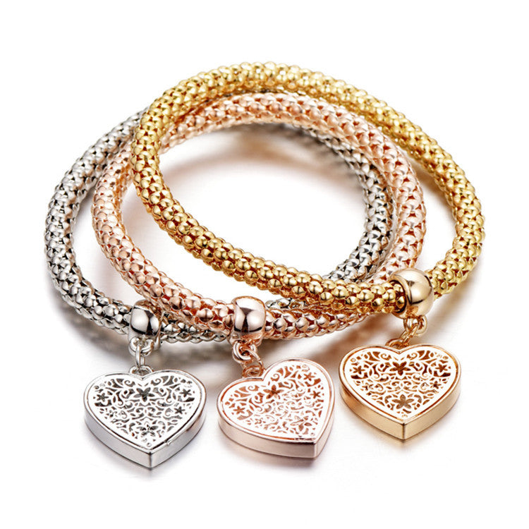 3PC Set Toned Diamond Cut Heart Love in Heart Bracelet Set