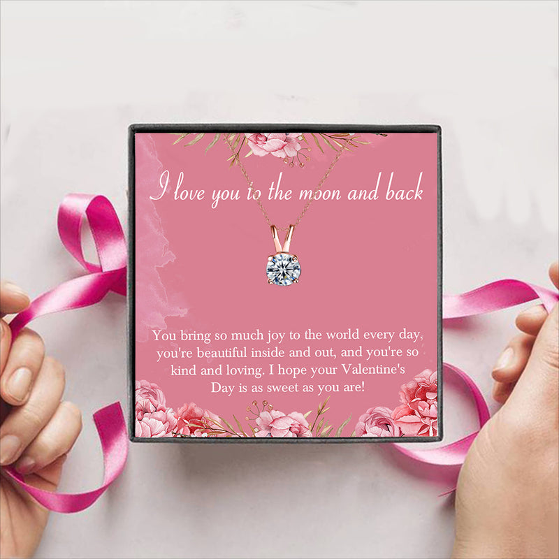 18K Rose Gold Plated Classic Solitaire Necklace "I Love You To The Moon & Back" Valentines Card Message