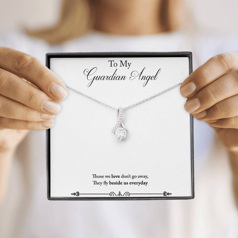 CARD#61- To My Guardian Angel " 18K White Gold Plated Ribbon Love Necklace made with Crystals