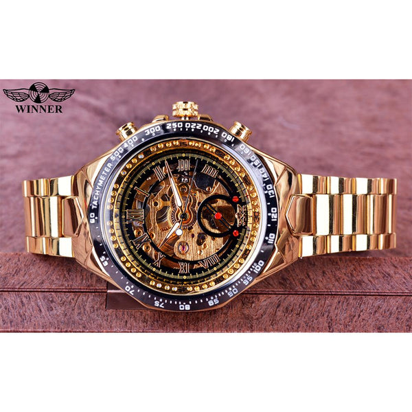 Self-Winding Mechanical Sport Design Golden Men's Stainless Steel Watch