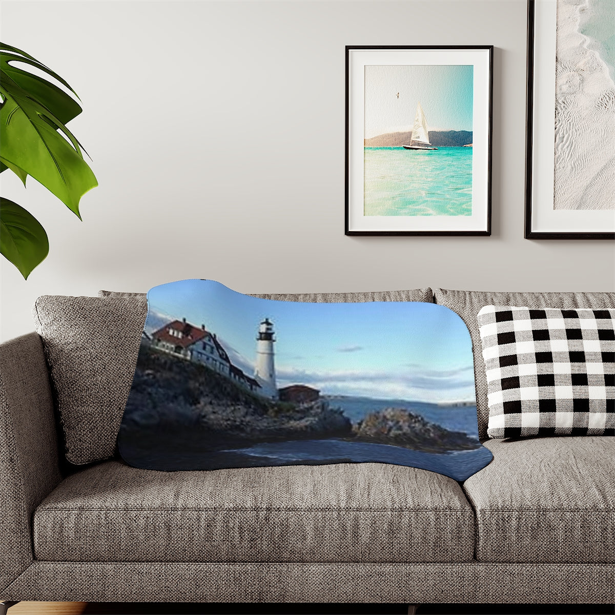Lighthouse by the Sea view Sherpa Blanket, Two Colors beach Birthday gift Holiday gifts Christmas