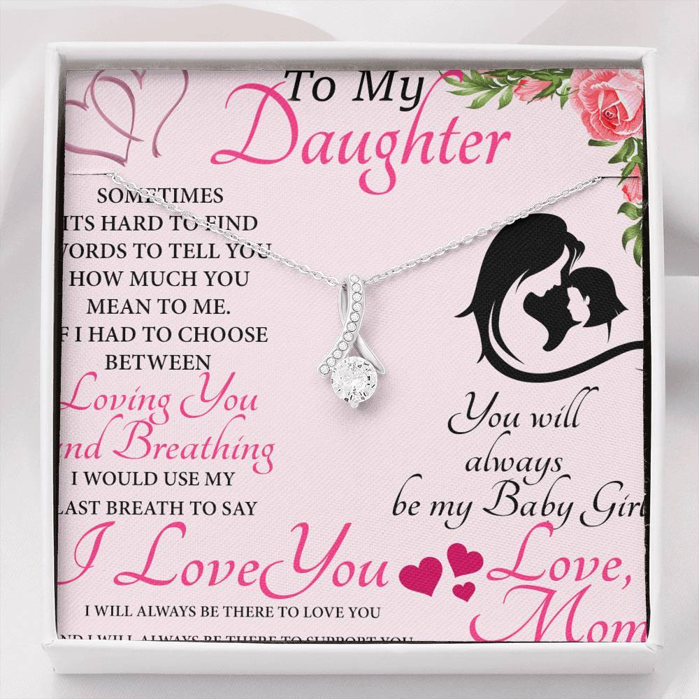 CARD#9-To My Daughter 18K White Gold Plated Ribbon Love Necklace made with  Crystals