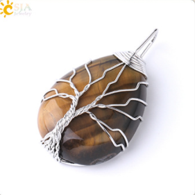 3pcs CSJA Gold Color Tree of Life Wire Wrap Water Drop Pendant Reiki Natural Gem Stone