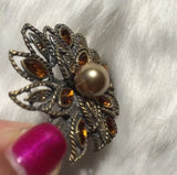 Floral Design Brooch Pin w/ Pearl Gemstones