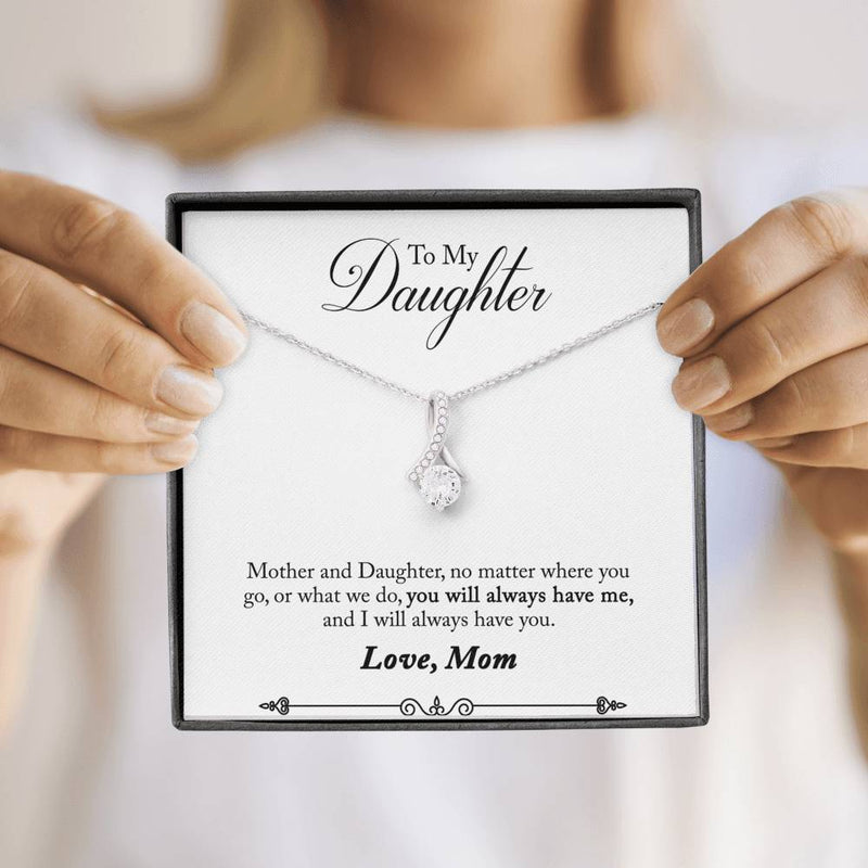 CARD#40-" To My Daughter " 18K White Gold Plated Ribbon Love Necklace made with Crystals